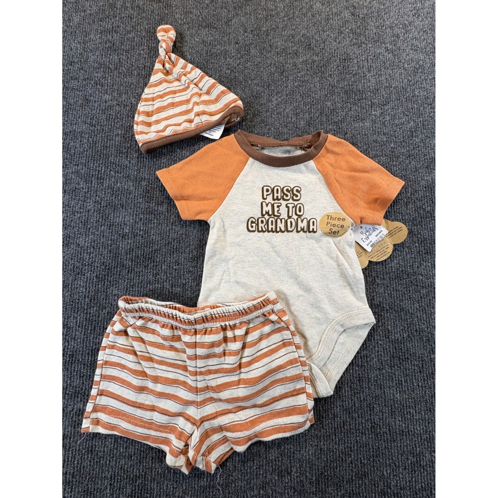 Baby Essentials 6M 3-Piece Set Pass Me To Grandma Bodysuit Shorts Hat Brown Rust
